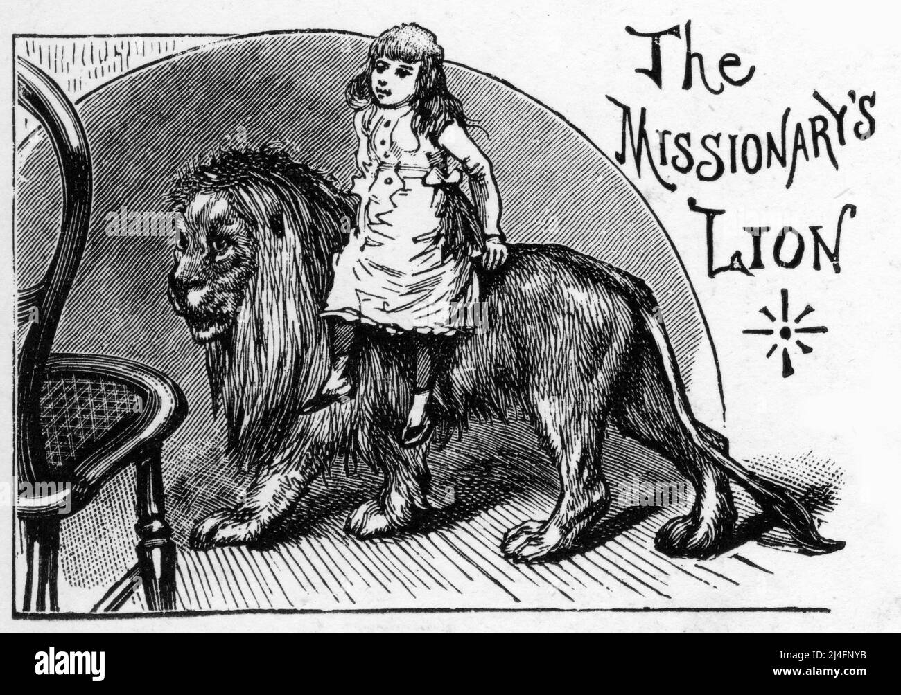 Incisione del leone missionario, dono del re d'Abissinia, con la figlia del missionario che si trova sulla schiena Foto Stock