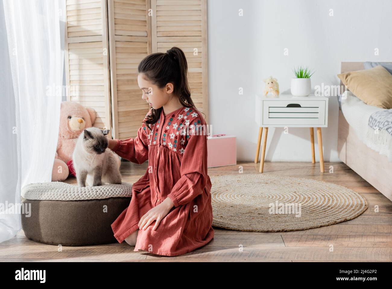 ragazza seduta sul pavimento e stroking gatto su morbido pouf in camera da letto Foto Stock