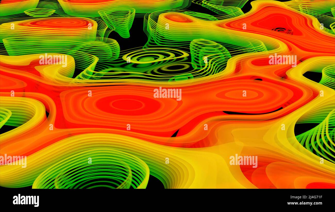 Animazione astratta digitale con forme che trasformano il rosso, il giallo e il verde caleidoscopico. Design. Rotazione di una superficie che cambia con sagome geometriche Foto Stock
