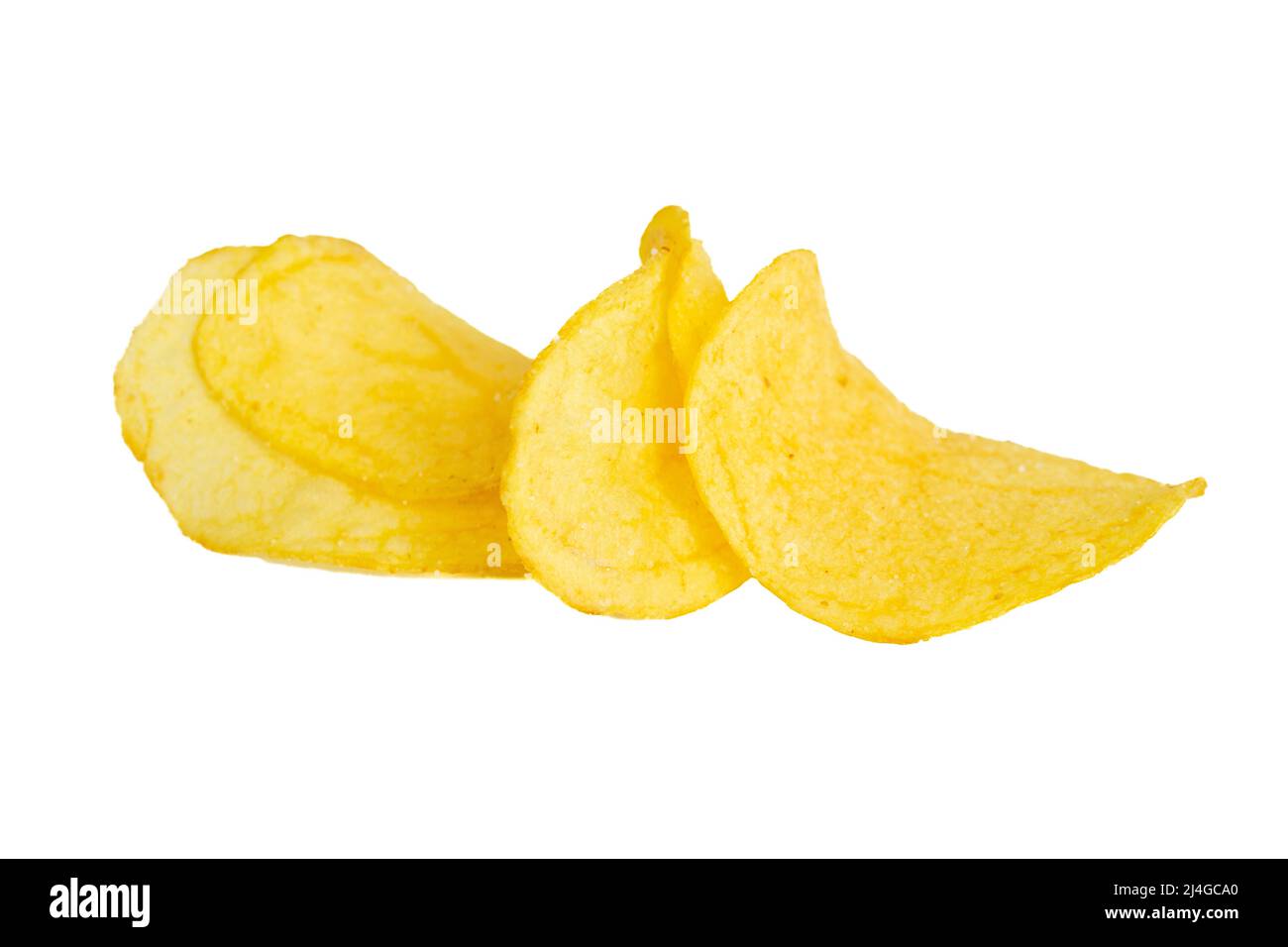 Patatine o patatine fritte. Primo piano foto di patatine isolate su sfondo bianco. Spuntini malsani. Foto Stock