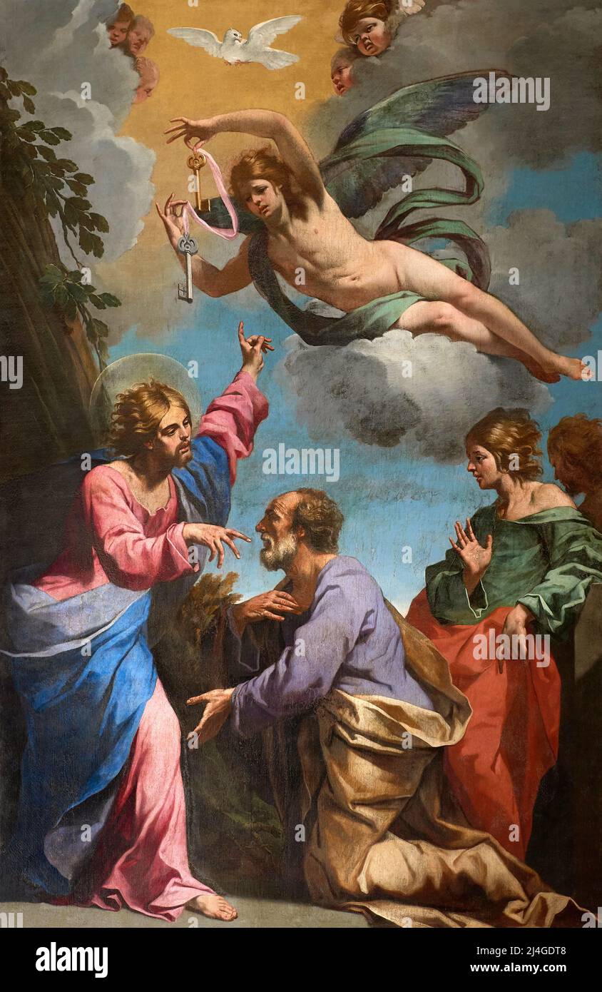 Cristo insegna le chiavi a San Pietro - olio su tela - Luca Ferrari - 1646 - Carpi (Mo), Basilica di S.Maria Assunta Foto Stock