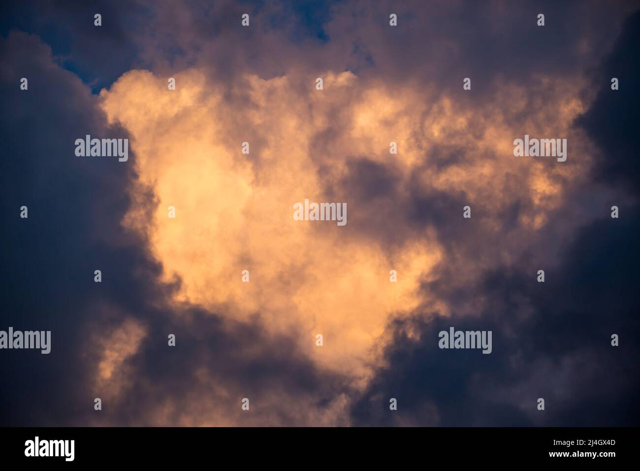 Le nuvole della tempesta di raccolta sono illuminate in un tono dorato dal sole che tramonta. Foto Stock