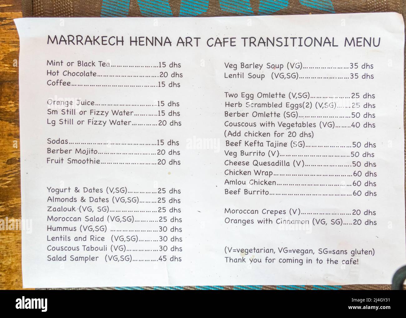 Henna Art Cafe, menu con prezzi. Marrakech, Marocco Foto Stock