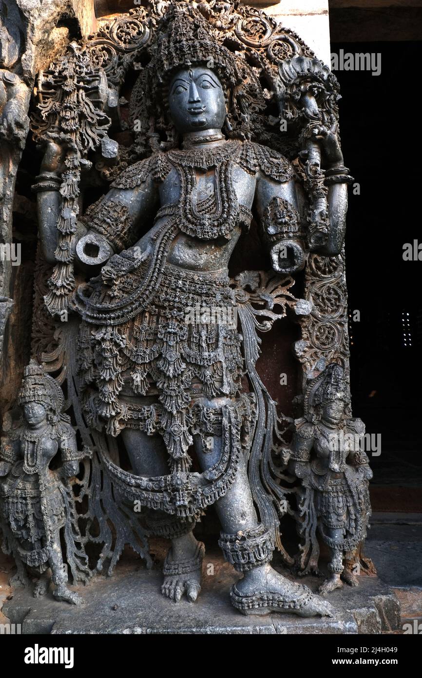 Hoysaleswara Tempio scultura lavoro Halebidu Karnataka India, 12th-secolo tempio indù dedicato a Shiva, è il più grande monumento in Halebidu, il Foto Stock