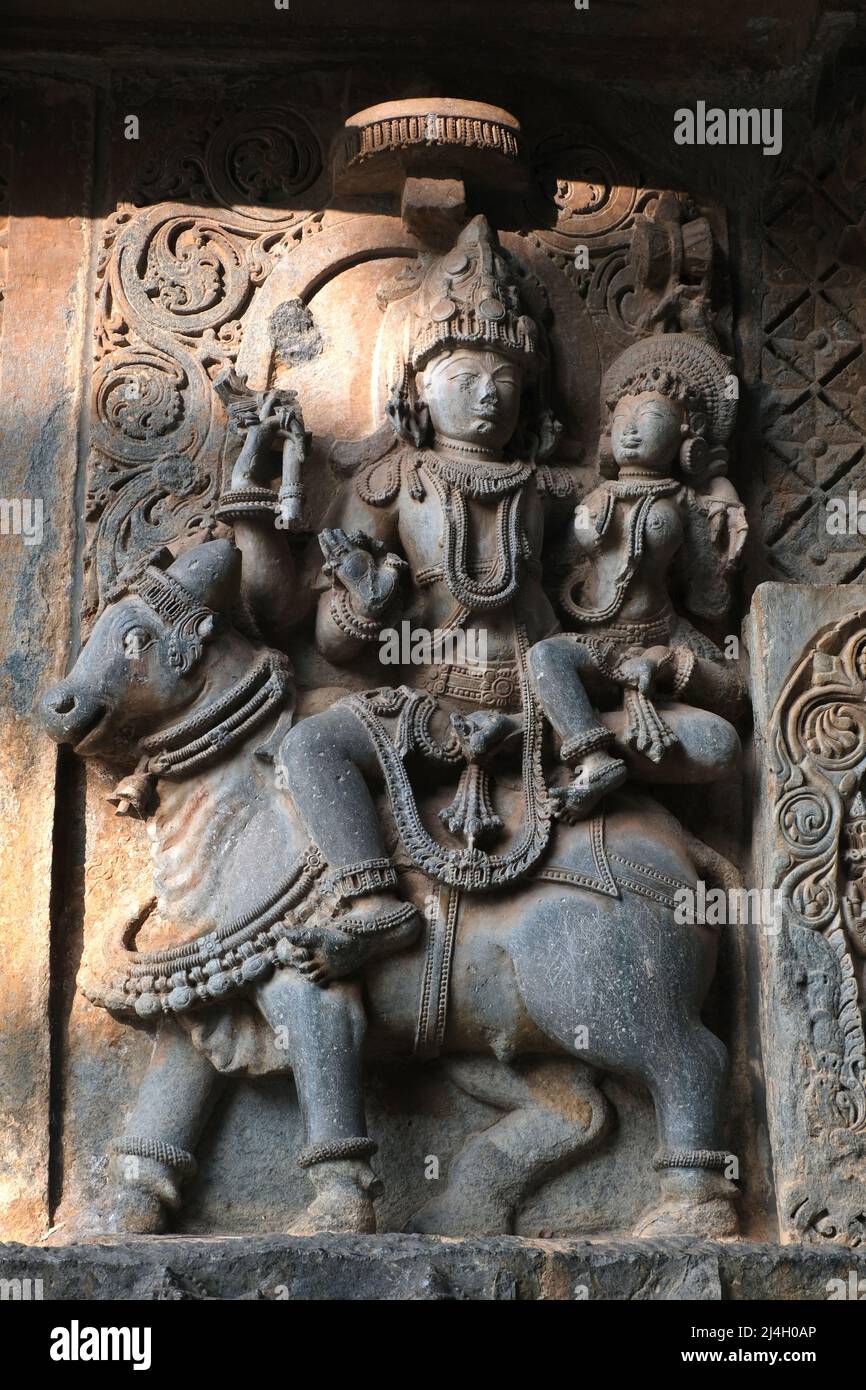 Hoysaleswara Tempio scultura lavoro Halebidu Karnataka India, 12th-secolo tempio indù dedicato a Shiva, è il più grande monumento in Halebidu, il Foto Stock