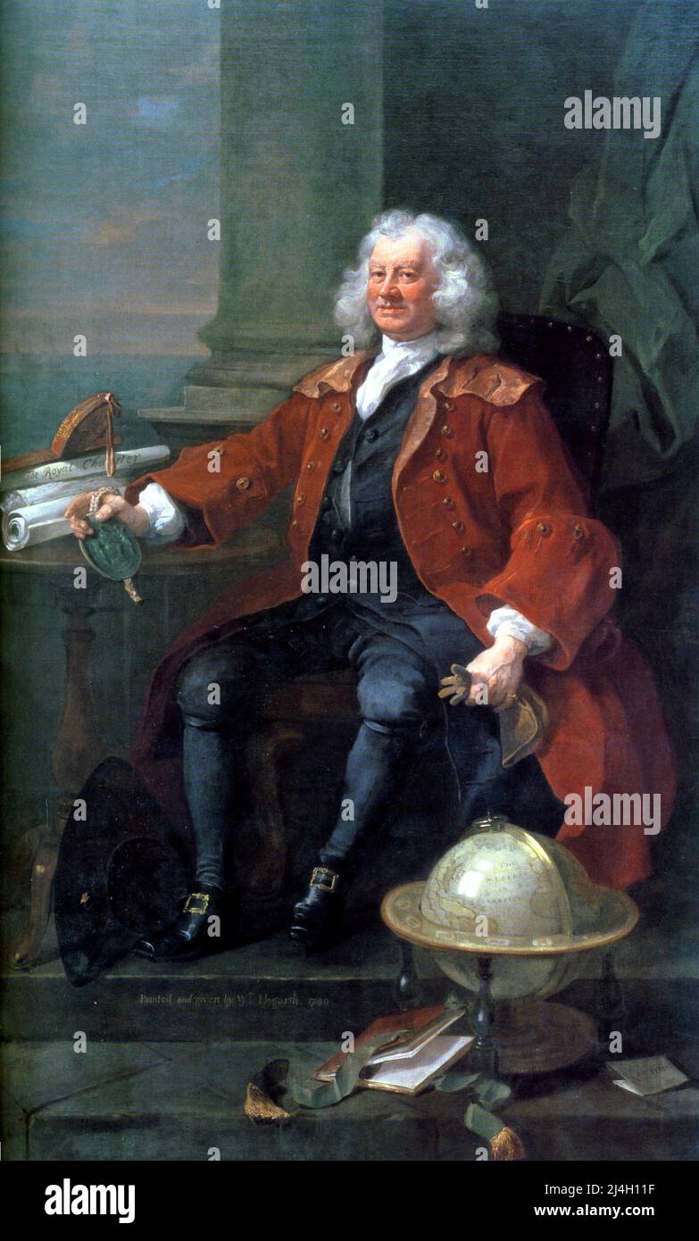 Ritratto del Capitano Thomas Coram, 1740, dipinto di William Hogarth. Capitano Thomas Coram (1668 – 1751) filantropo che ha creato il London Foundling Hospital nei campi di condotta di Lamb, Foto Stock