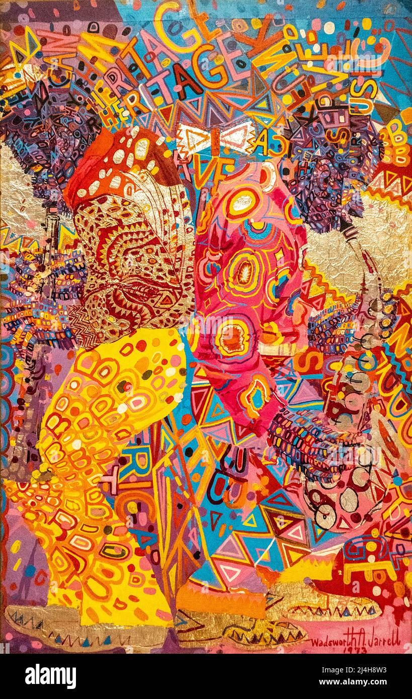 Painting di Wadsworth Jarrell, artista americano, mostra un paio di musicisti jazz che suonano strumenti Foto Stock