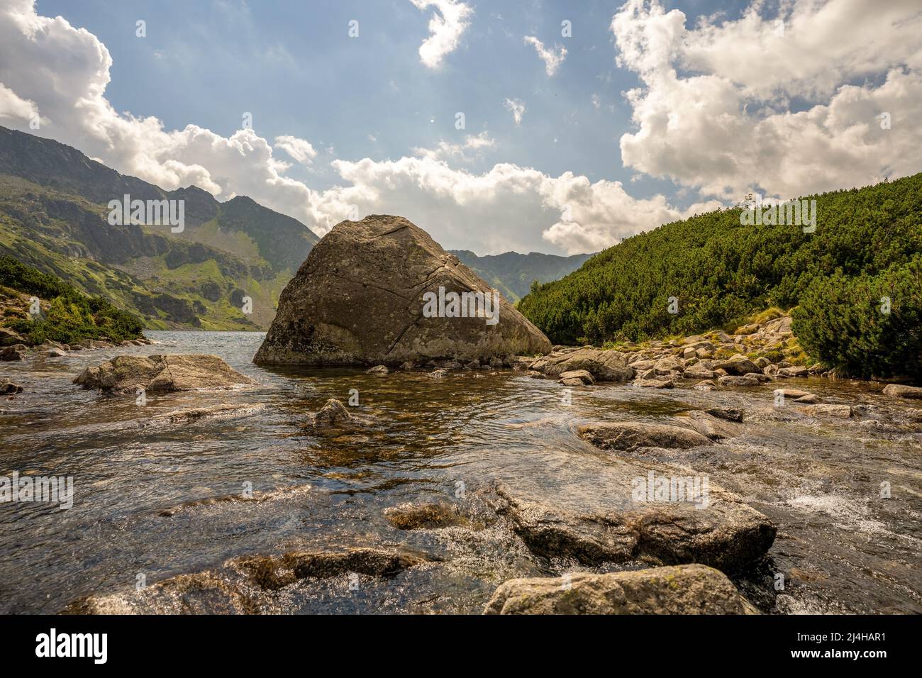 Una roccia gigante nel mezzo di un fiume ruscello nell'alta Tatra nella Valle dei cinque Laghi di Zakopane, in Polonia Foto Stock