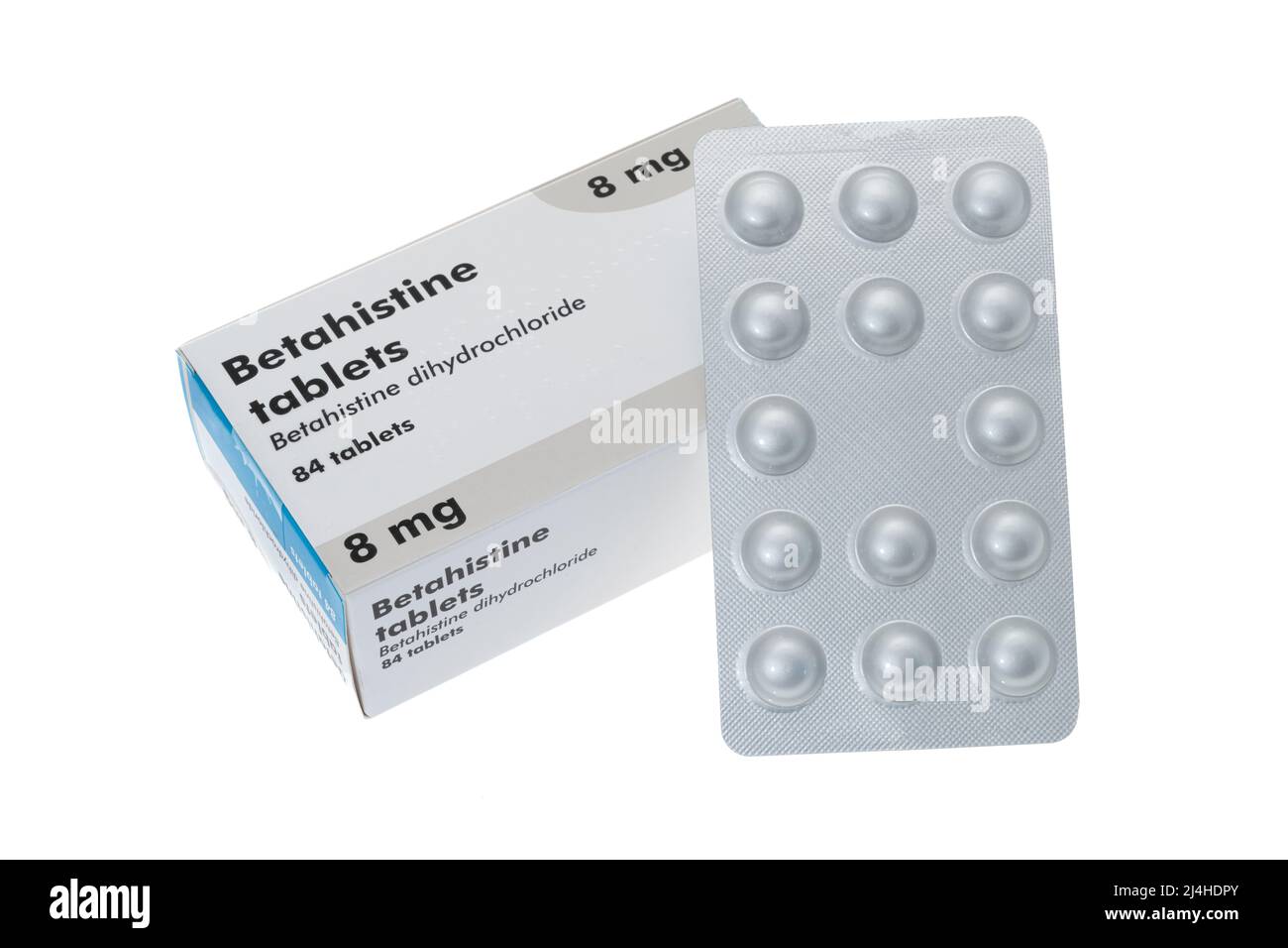 Una scatola generica di pillole di Betahistine - campo da bagno bianco. È comunemente prescritto per disturbi dell'equilibrio o per alleviare i sintomi della vertigine, Foto Stock