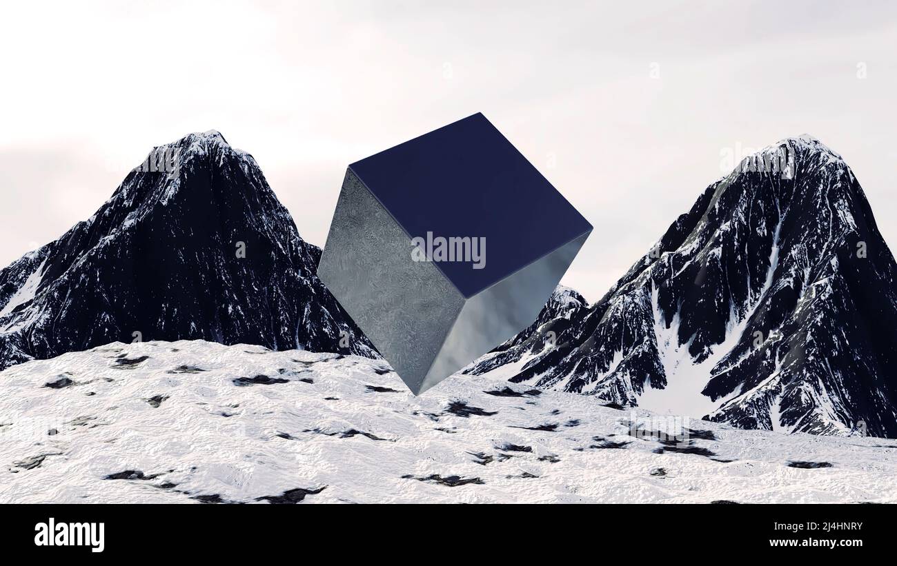 Astratto paesaggio surrealistico con montagne bianche e nere e cubo girevole d'argento. Design. Filatura 3D cubo riflettente con la gola tra Foto Stock