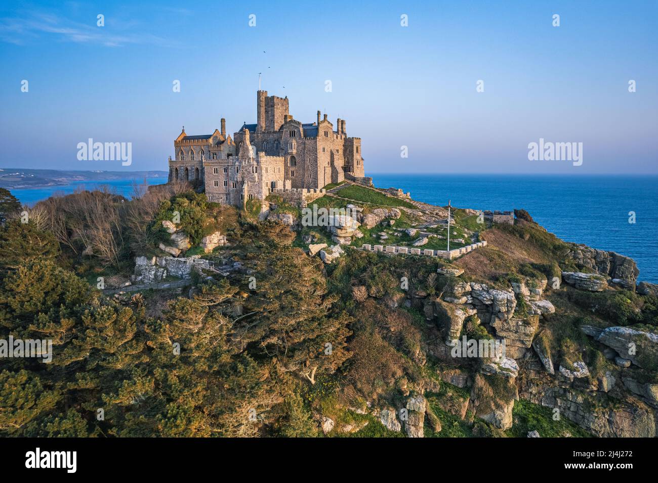 Monte di San Michele da un drone, Marazio, Penzance, Cornovaglia, Inghilterra Foto Stock