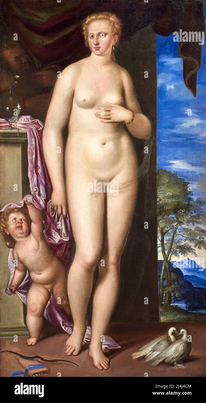 Venere con Cupido e un satiro - olio su tela - Simone Peterzano - 1570 - Copenaghen, Statens Museum for Kunst Foto Stock