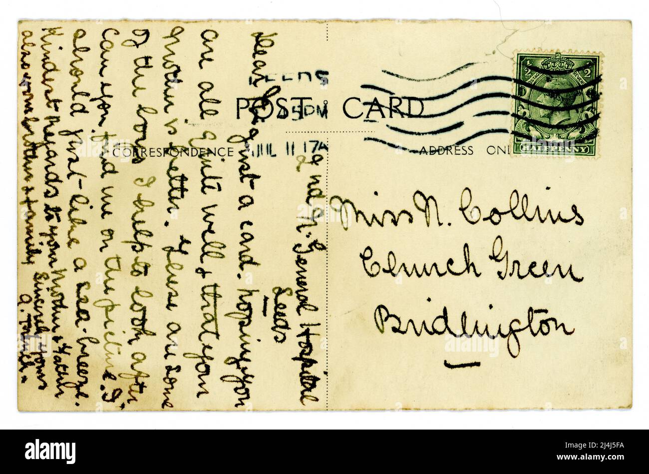 Retro della cartolina originale WW1 era - verde re Giorgio V 1/2 d (mezzo pence / penny) timbro, pubblicato il 11 luglio 1917 , Regno Unito Foto Stock