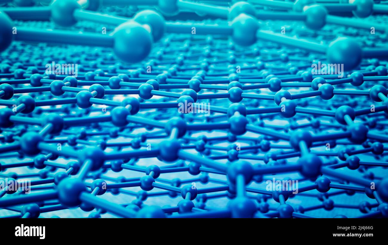 griglia esagonale, strati multipli di struttura di grafene ondulato con atomi di carbonio, illustrazione dello sfondo delle nanotecnologie, vista ravvicinata (rappresentazione 3d) Foto Stock