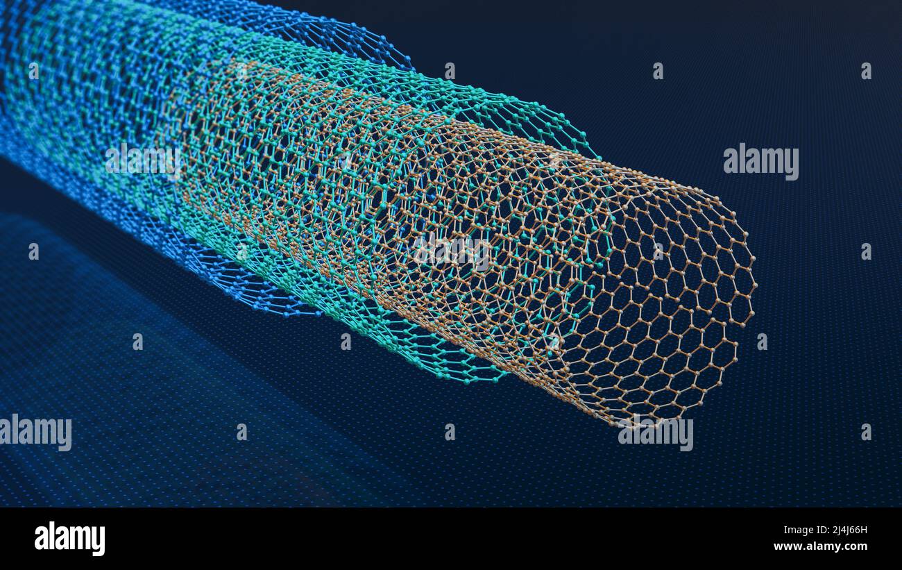nanotubi di carbonio, struttura di grafene con atomi di carbonio, nido d'ape, illustrazione del concetto di nanotecnologia (resa 3d) Foto Stock