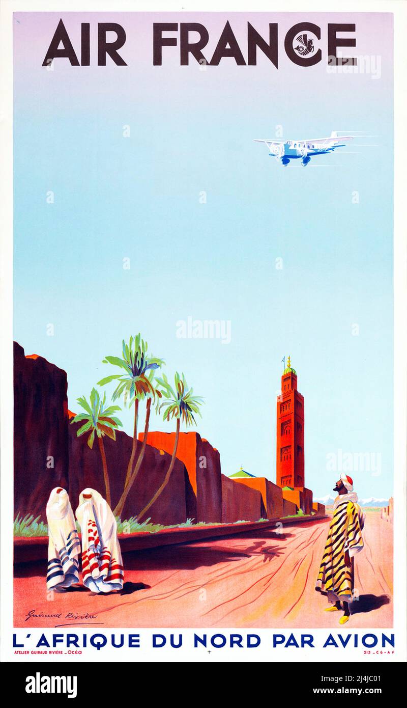 Poster di viaggio Vintage 1930s - Air France - l'Afrique du Nord par Avion - Maurice Guiraud-Rivière - 1934 Foto Stock