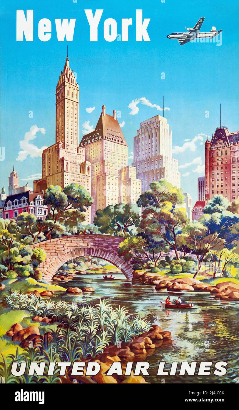 Poster di viaggio Vintage 1950s - United Air Lines - New York - Joseph Feher - 1940s Foto Stock