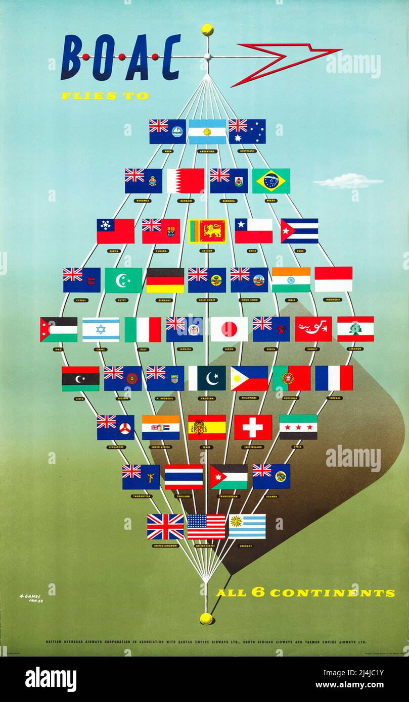 Poster di viaggio vintage 1950s - BOAC - Flies to all 6 Continents - Abram Games - 1953 Foto Stock