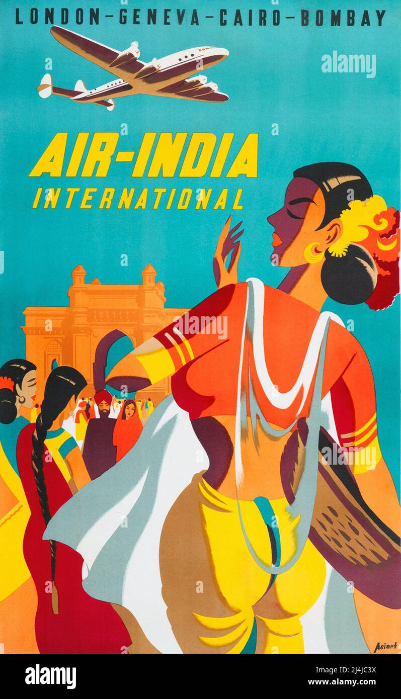 Poster di viaggio Vintage 1950s - Air-India - Londra-Ginevra-Cairo-Bombay - Asiart - 1950s Foto Stock