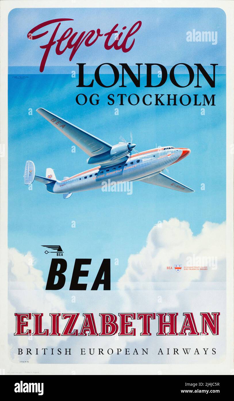 Poster di viaggio vintage 1950s -BEA - Flyv til London og Stockholm Elizabethan - by Roy Nockolds - 1952 Foto Stock