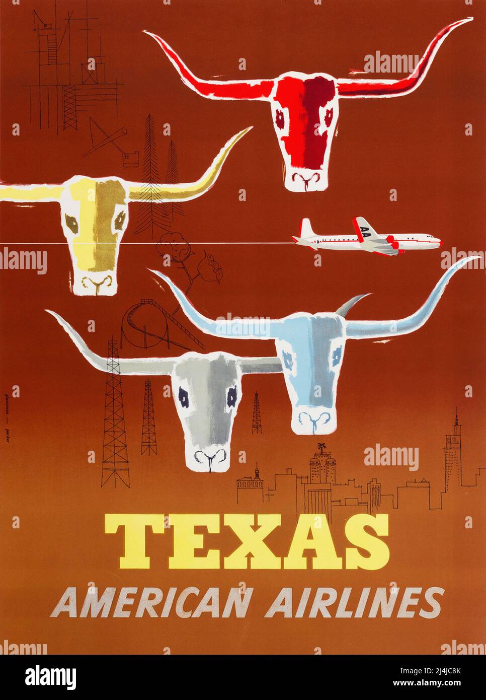 Poster di viaggio vintage 1950s - American Airlines - Texas - by Glanzman Parker - 1953 Foto Stock