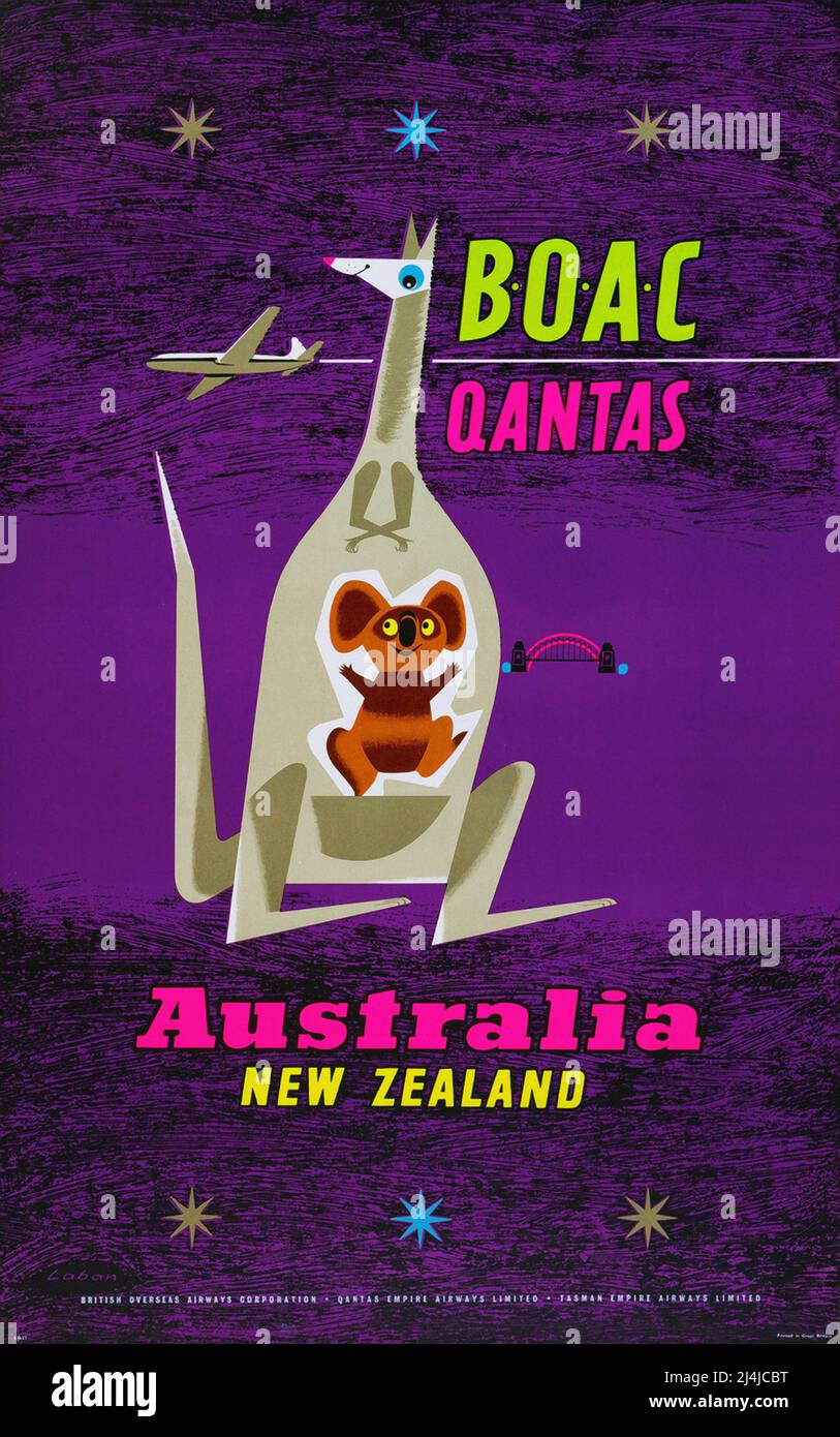 Poster da viaggio Vintage 1950s - BOAC Qantas - Australia Nuova Zelanda - di Maurice Laban - 1957 Foto Stock