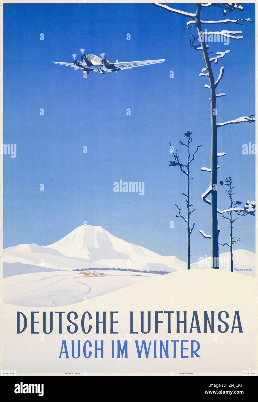 Poster Vintage Travel -anche in inverno (Auch im Winter) - Lufthansa German Airlines - c. 1935 Ottomar Anton Foto Stock