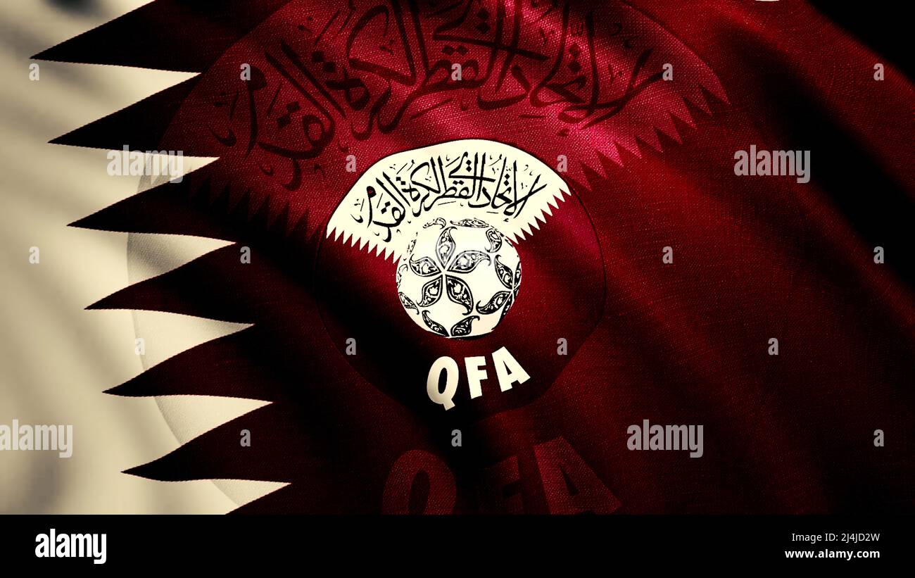 Allarme rosso scuro.movimento. La bandiera in via di sviluppo della squadra di calcio QFA . Utilizzare solo per la redazione. Foto Stock