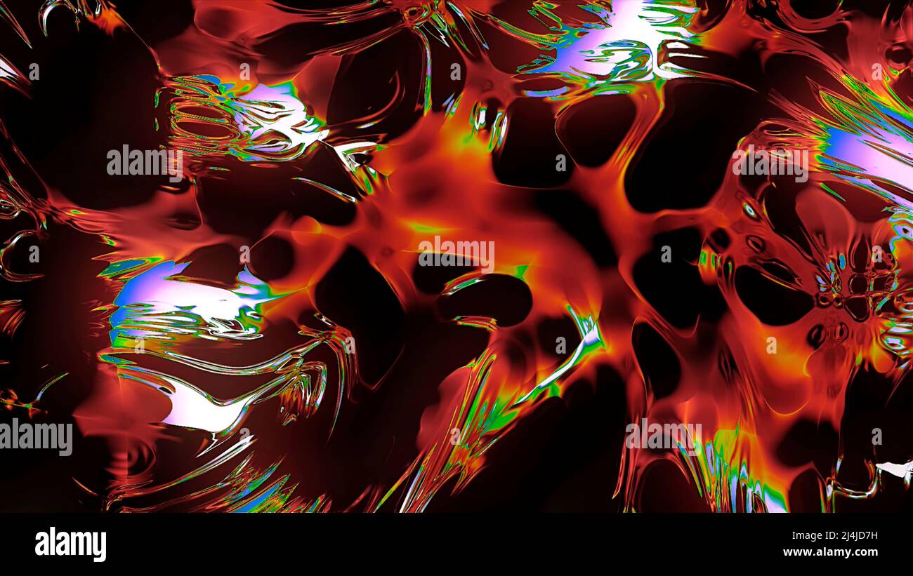 Sfondo al neon verde e arancione. Movimento. Macchie lucide in astrazione che creano motivi su sfondo nero. Foto Stock
