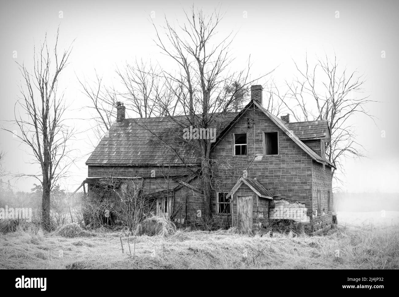 Un vecchio nero e bianco abbandonato infestato spoky aspetto fattoria in inverno su un cortile fattoria nel Canada rurale Foto Stock