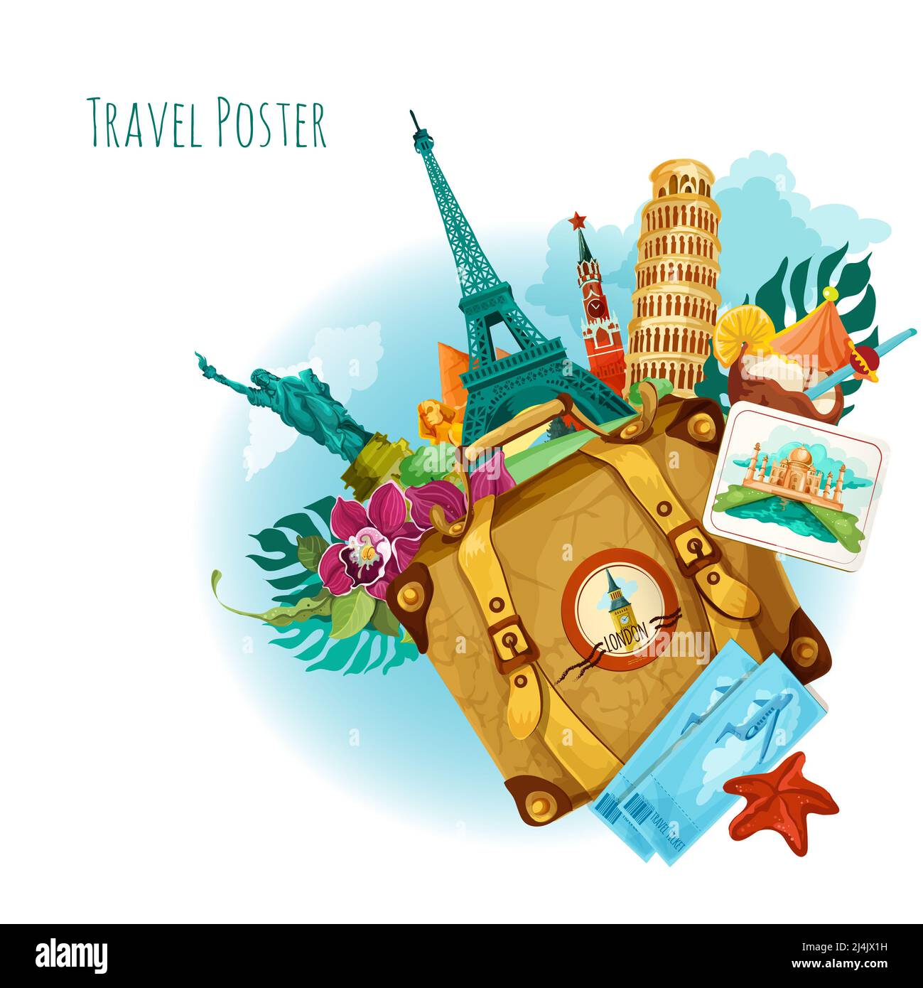 I monumenti storici del mondo viaggiano sullo sfondo con i biglietti di viaggio valigia e fiore illustrazione vettoriale Foto Stock