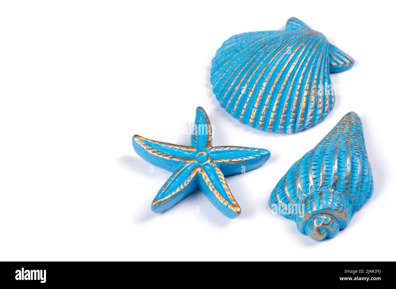 Conchiglie blu, stelle marine e ancora su sfondo bianco Foto Stock