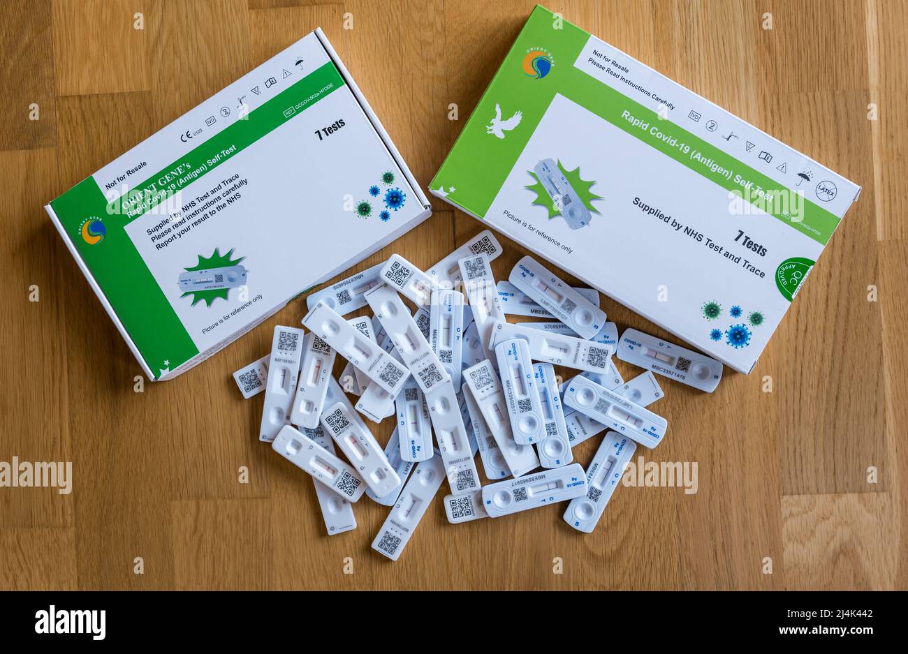 Le confezioni o i kit di auto-test per l'antigene rapido di Covid-19 o coronavirus e una pila di punture di test a flusso laterale negativo durante la pandemia Foto Stock