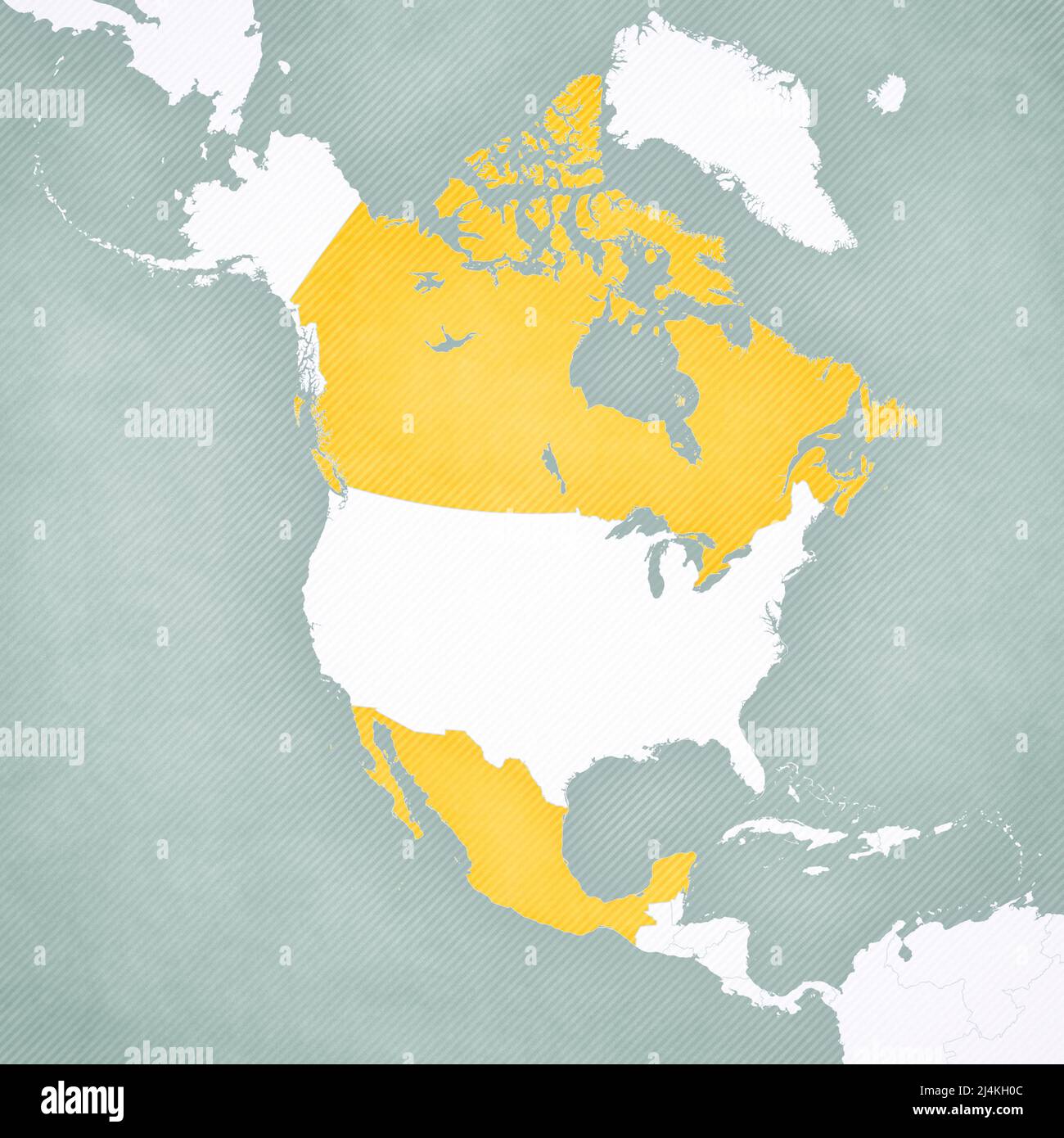 Canada e Messico sulla mappa del Nord America con sfondo vintage a righe morbide. Foto Stock