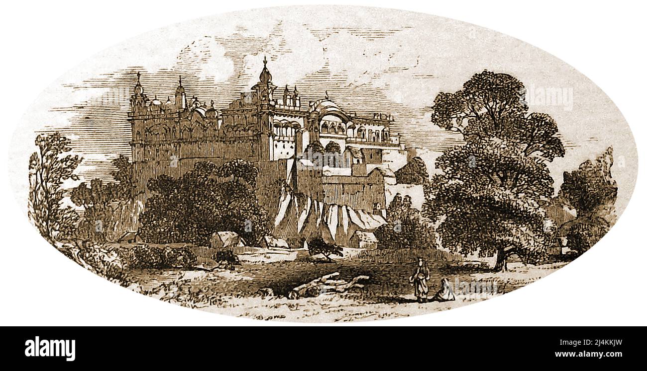 Un'incisione di 19th secolo che mostra il palazzo rajahs a Bharatpur. In Nepal. È la terza città più popolosa del Nepal dopo Kathmandu e Pokhara. L'edificio in marmo bianco e' conosciuto per la sua splendida architettura Mughal e Rajput ed e' ora un hotel che contiene anche il museo Kamra Khas. Foto Stock