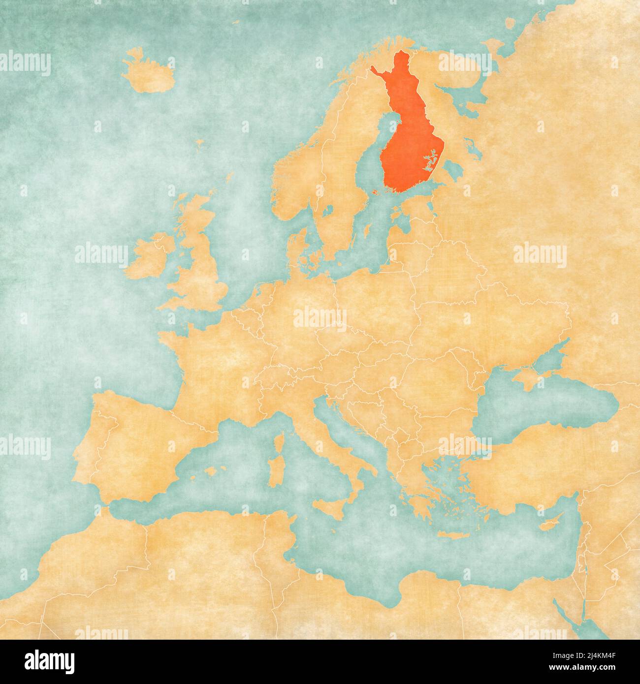 La Finlandia sulla mappa d'Europa in morbido grunge e stile vintage, come la vecchia carta con acquerello pittura. Foto Stock