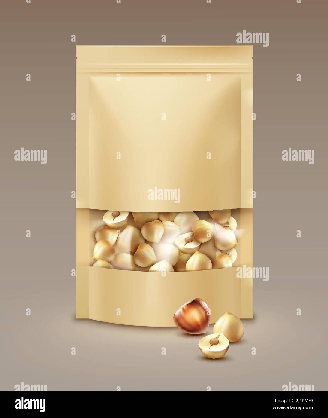 Vector Blank Sealed Foil, sacchetto di plastica pieno di nocciole pelate vista laterale su sfondo chiaro Illustrazione Vettoriale