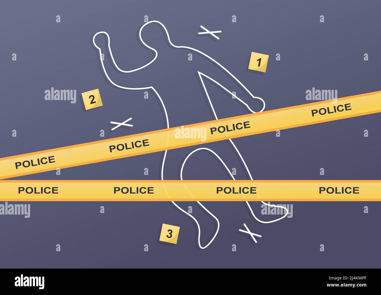 Linea di polizia alla scena del crimine con gesso profilo della vittima assassinata di violenza Gun sulla strada e prove su Flat Cartoon illustrazione stile Illustrazione Vettoriale