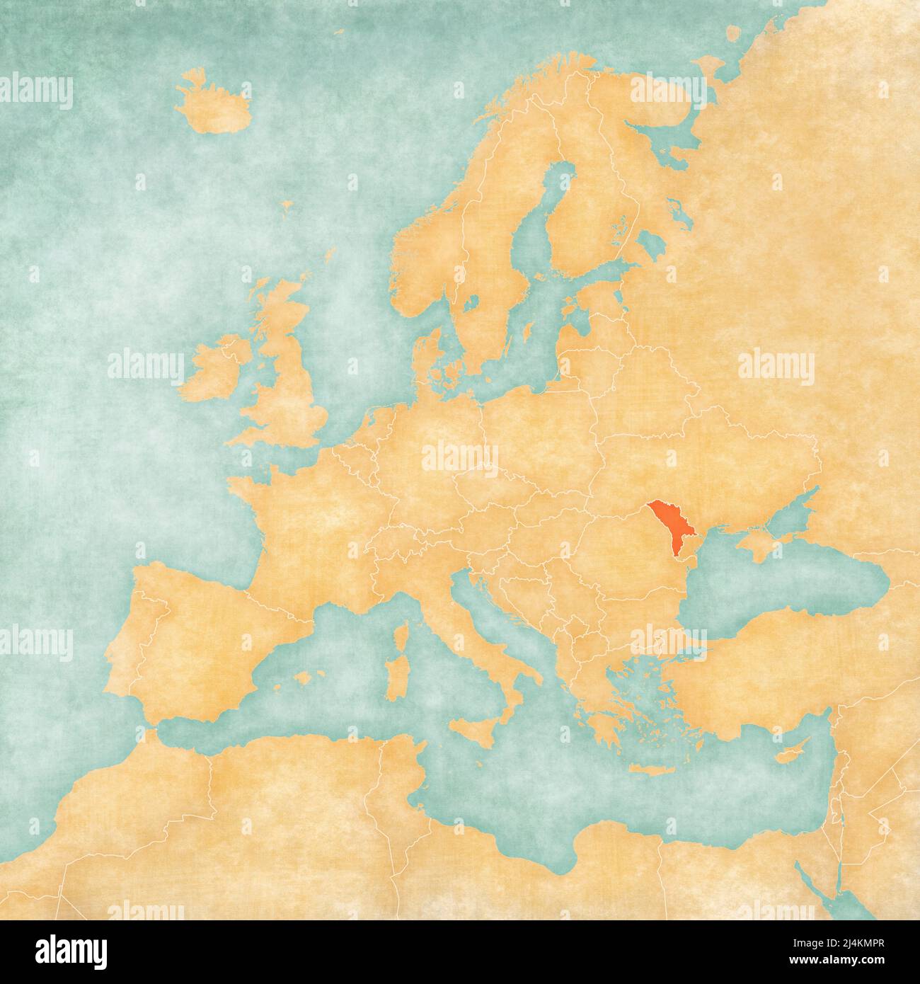 Moldavia sulla mappa d'Europa in morbido grunge e stile vintage, come la vecchia carta con acquerello pittura. Foto Stock