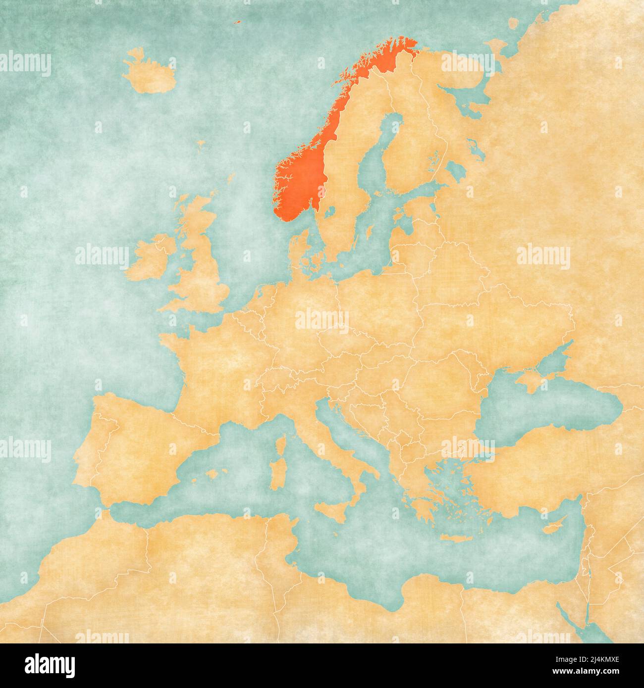 La Norvegia sulla mappa d'Europa in morbido grunge e stile vintage, come la vecchia carta con acquerello pittura. Foto Stock