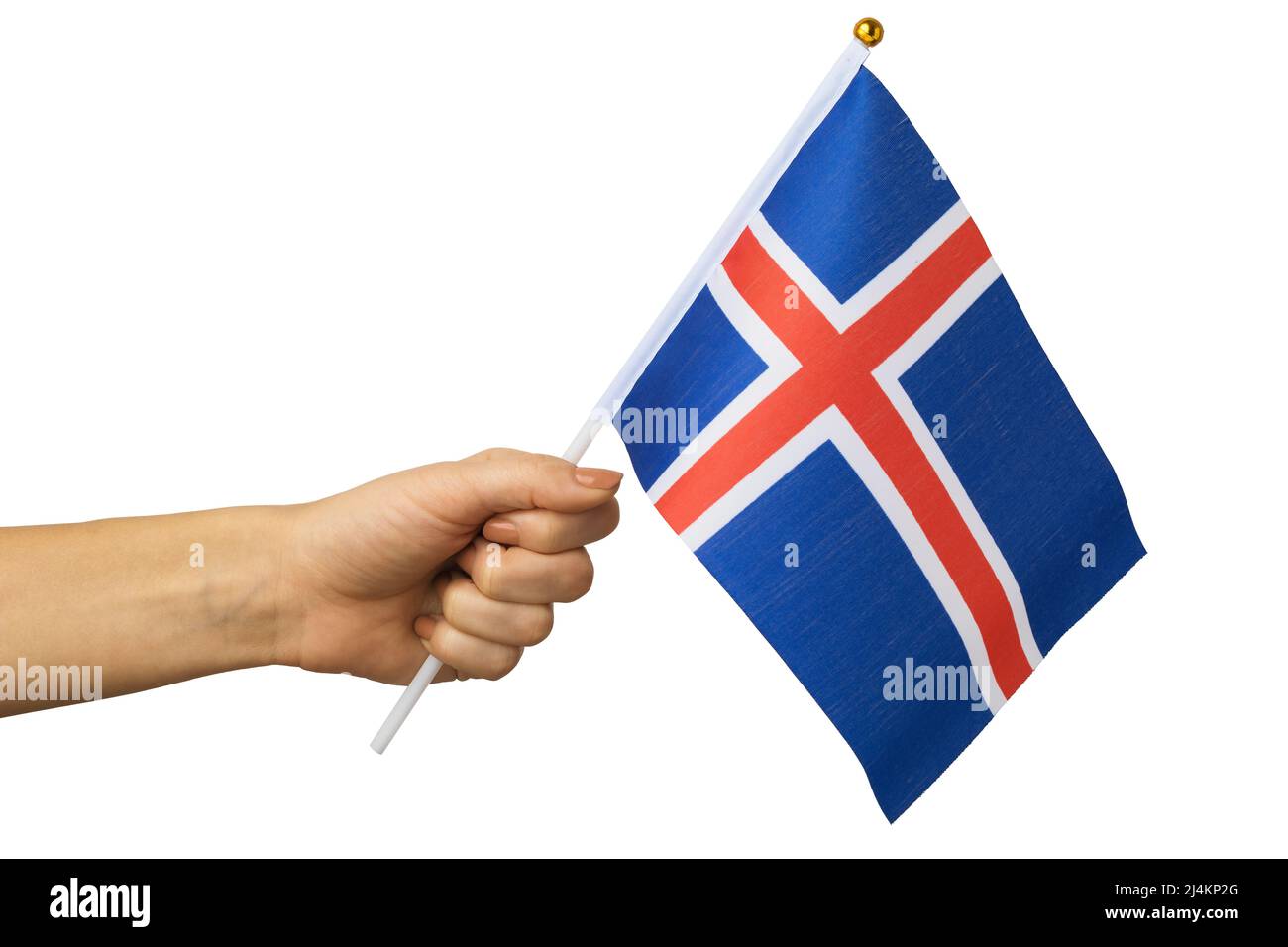 Mano che tiene la bandiera Islanda isolato su sfondo bianco, modello per designer Foto Stock