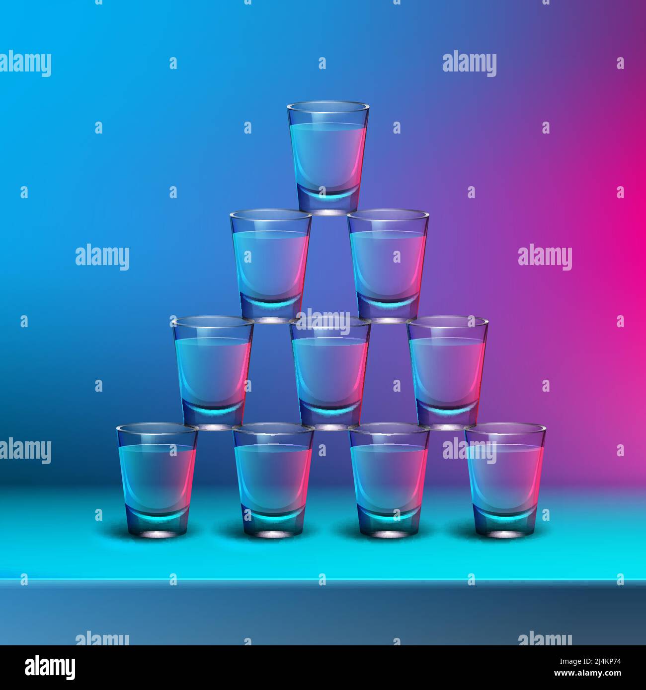 Piramide vettoriale di colpi alcolici trasparenti con retroilluminazione blu, rosa su sfondo colorato sfocato Illustrazione Vettoriale