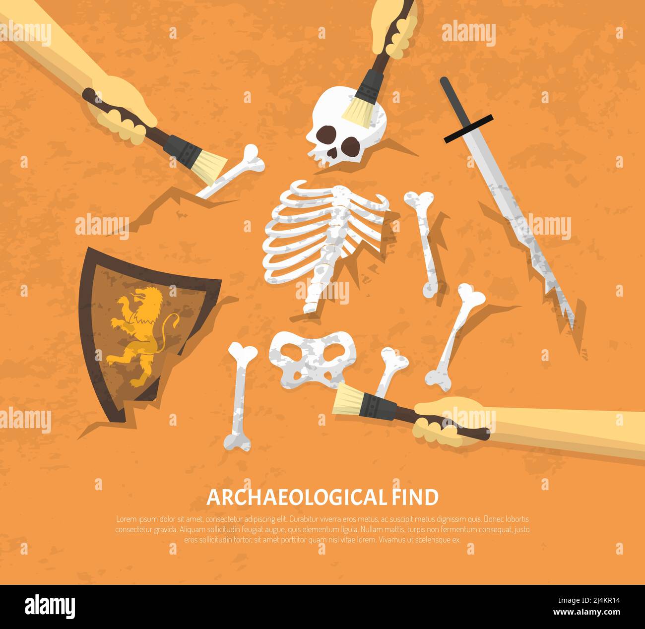 Poster di scoperta del sito archeologico con nuovi ritrovamenti scoperti cavaliere medievale resti su sabbia sfondo grafico vettoriale piatto Illustrazione Vettoriale