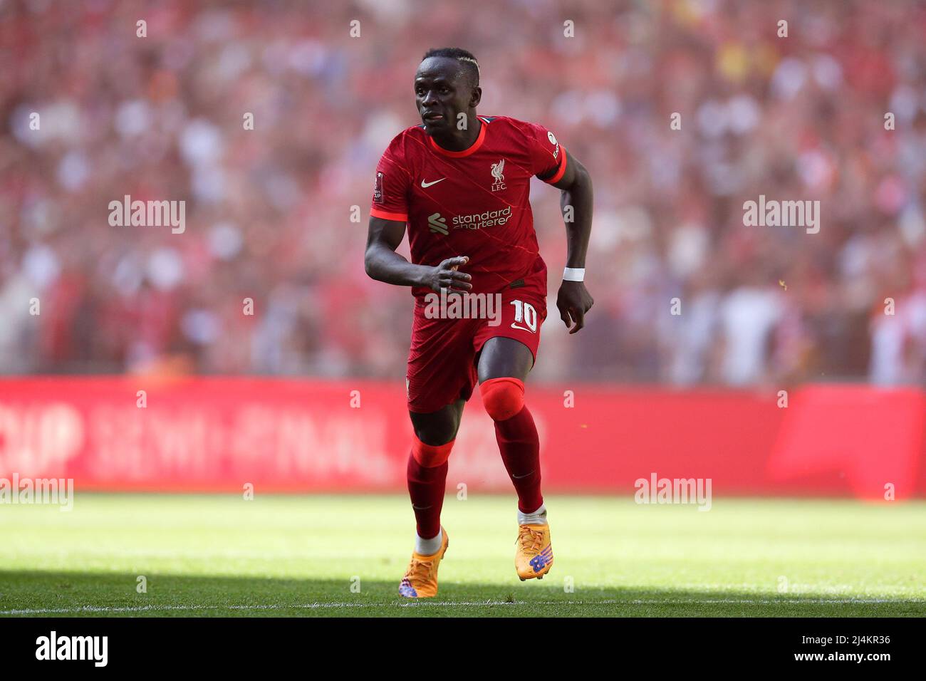 Londra, Regno Unito. 16th Apr 2022. Sadio Mane di Liverpool guarda avanti. La Emirates fa Cup, semifinale, Manchester City contro Liverpool al Wembley Stadium di Londra sabato 16th aprile 2022. Questa immagine può essere utilizzata solo per scopi editoriali. Solo per uso editoriale, licenza richiesta per uso commerciale. No use in scommesse, giochi o un singolo club/campionato/giocatore publications.pic di Andrew Orchard/Andrew Orchard sport photography/Alamy Live News Credit: Andrew Orchard sport photography/Alamy Live News Foto Stock
