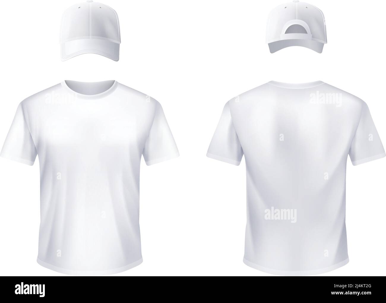 T-shirt bianca e berretto da baseball con vista frontale e posteriore disegno realistico per il vettore di illustrazione uomo Illustrazione Vettoriale