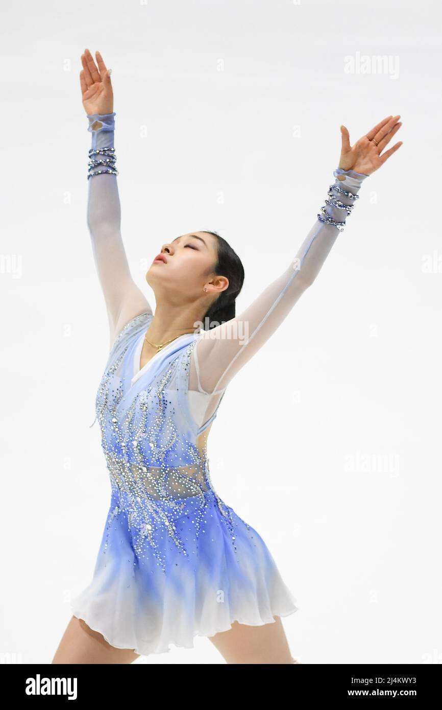 Tallinn, Estonia. 16th Apr 2022. Seoyeong WI (KOR), durante il programma corto delle donne, al campionato mondiale di pattinaggio a figure junior ISU 2022, presso la sala di pattinaggio di Tondiraba, il 16 aprile 2022 a Tallinn, Estonia. Credit: Raniero Corbelletti/AFLO/Alamy Live News Foto Stock