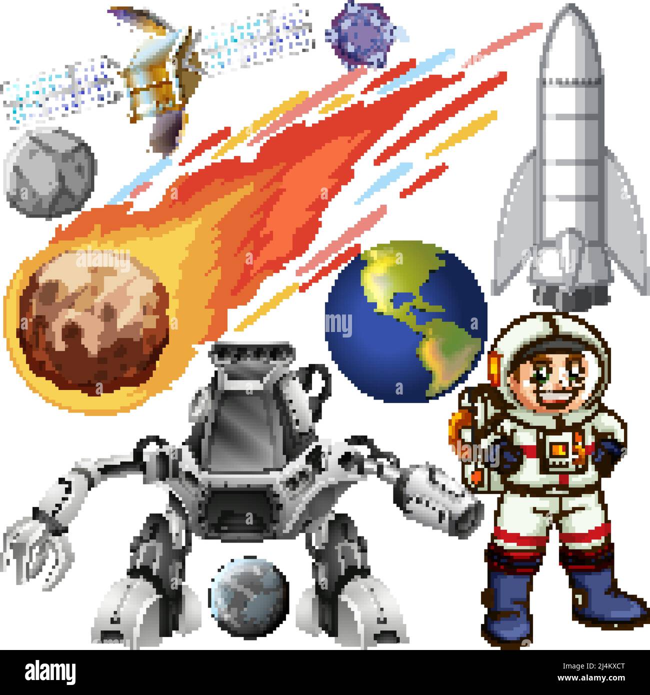 Set di oggetti spazio su illustrazione di sfondo bianco Illustrazione Vettoriale