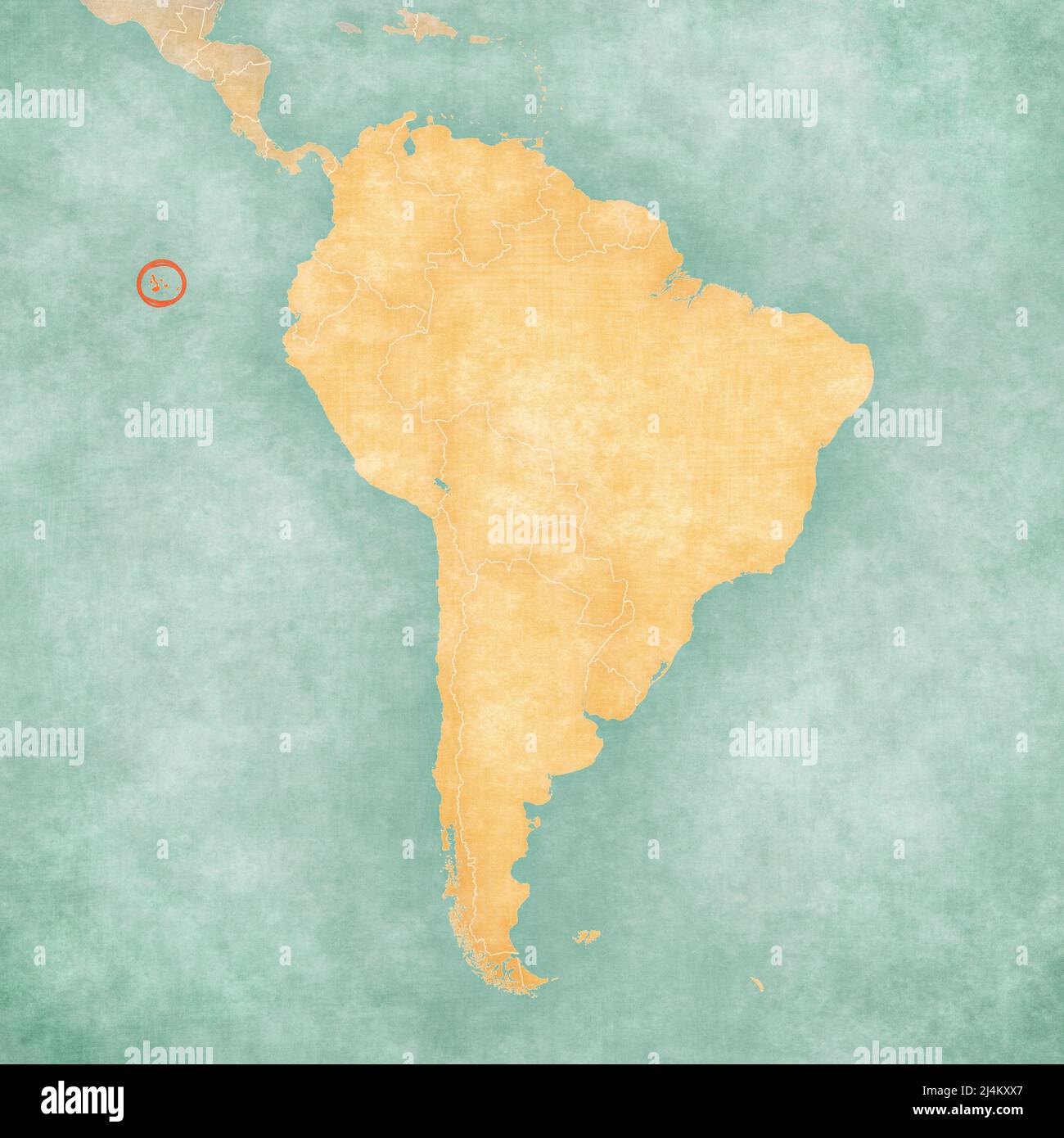 Isole Galapagos sulla mappa del Sud America in morbido grunge e stile vintage, come carta vecchia con pittura acquerello. Foto Stock