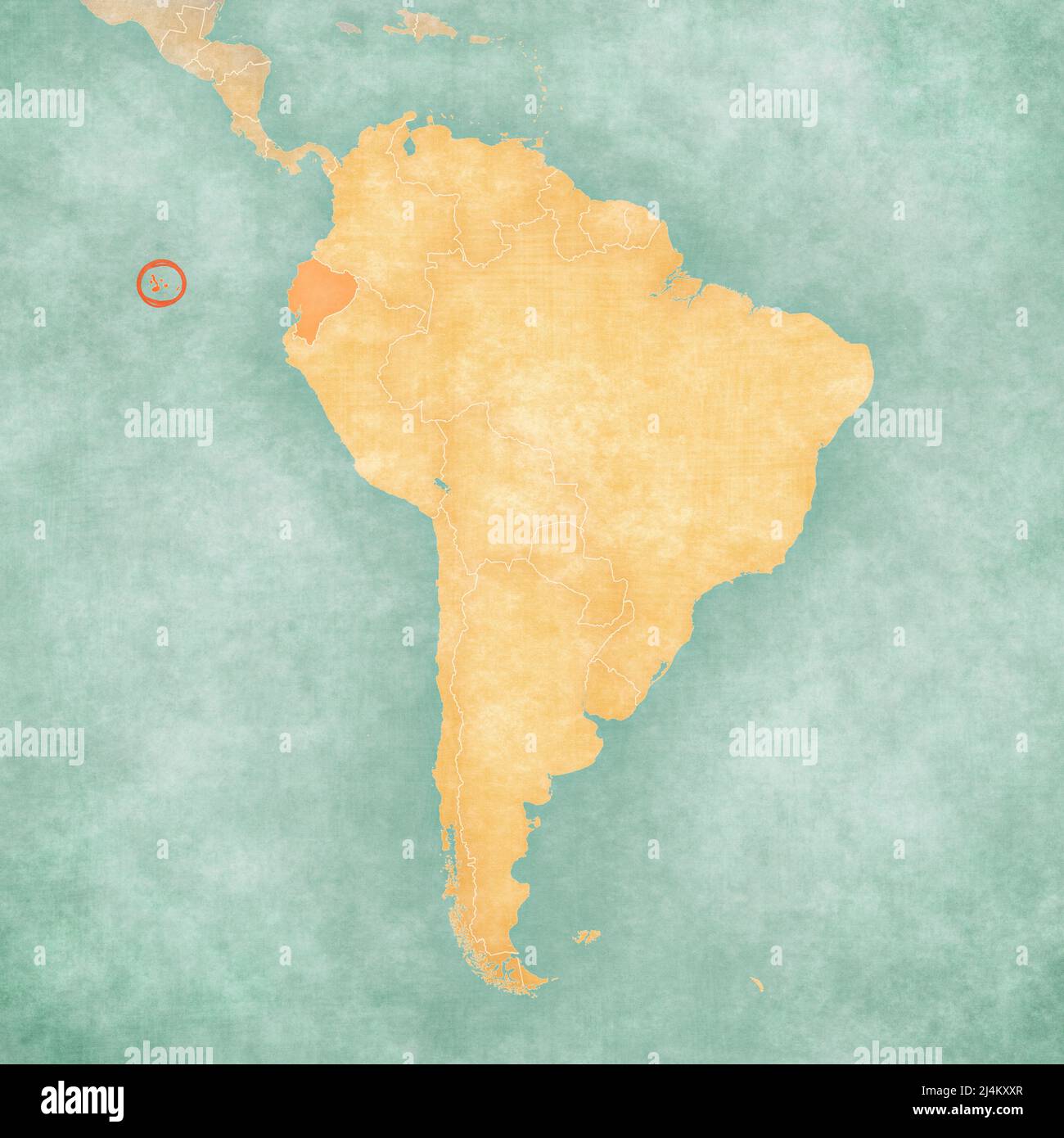 Isole Galapagos (Ecuador) sulla mappa del Sud America in morbido grunge e vintage stile, come carta vecchia con acquerello pittura. Foto Stock