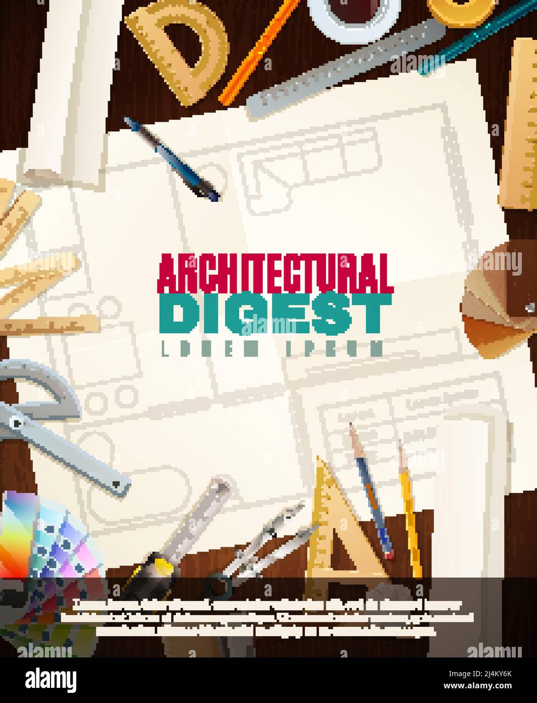 Creare un ambiente di lavoro di architettura con diversi strumenti per progetti di disegno di costruzioni architettoniche illustrazione vettoriale piatta Illustrazione Vettoriale